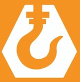 Orange and white hexagonal logo with a stylized chain link and hook symbol in the center